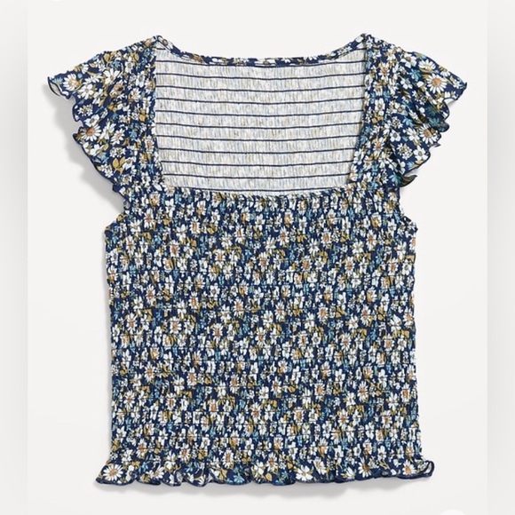 Old Navy Flutter Sleeve Smocked Short Sleeve Top Navy Floral Blue NWT  XS - Picture 3 of 13